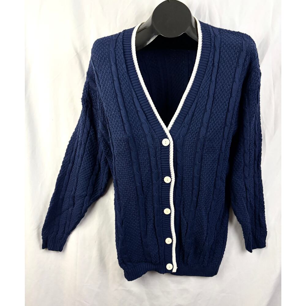 Vtg 90s Cricket Lane Navy Cable Knit‎ Cardigan Small NWT Preppy Varsity Sweater